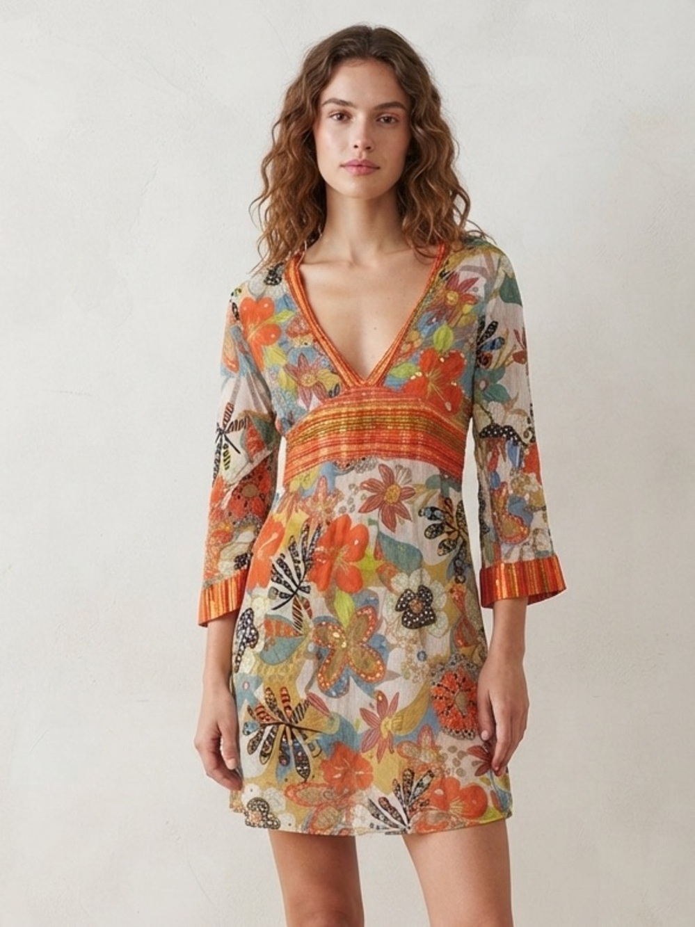 Y2K Floral Boho Summer V-Neck Embroidered Mini Dress Size Small